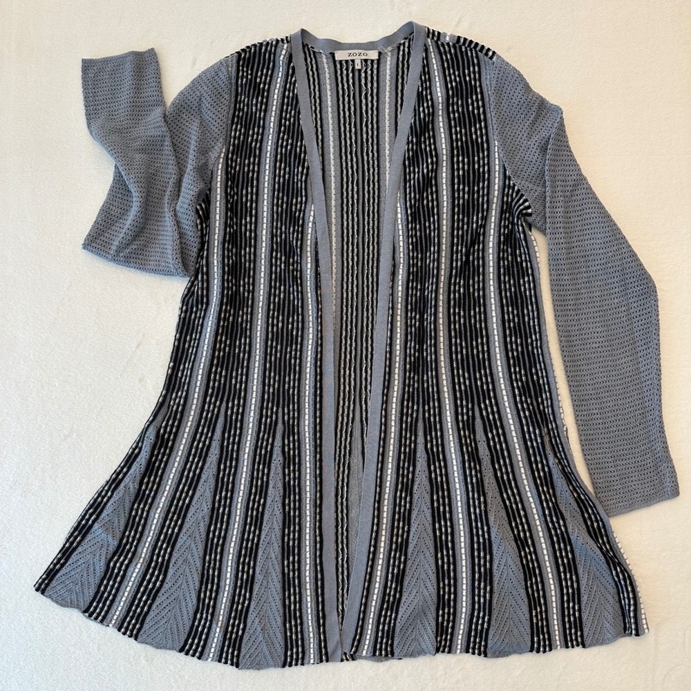 ZOZO Striped Linen Blend Knit Cardigan Open Front Gray Black White‎ Womens L